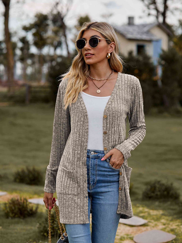 Double Take Ribbed Button-Up Cardigan with Pockets - Spicy and Sexy