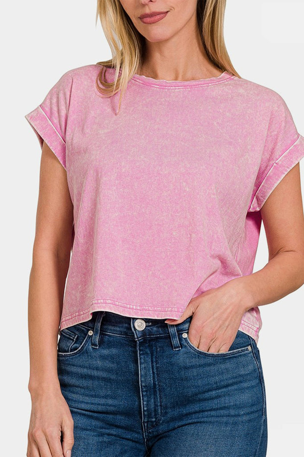 Zenana Washed Round Neck Rolled Short Sleeve Top - Spicy and Sexy