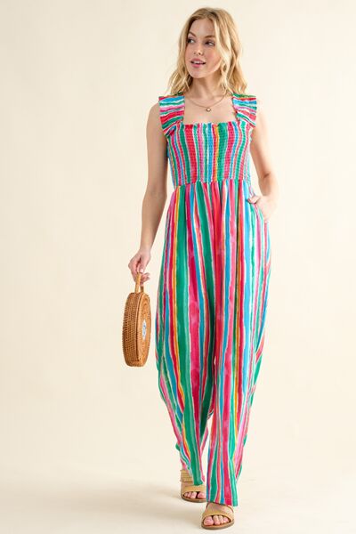 And The Why Full Size Striped Smocked Sleeveless Jumpsuit - Spicy and Sexy