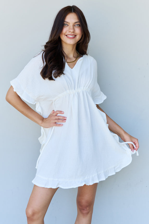Ninexis Out Of Time Full Size Ruffle Hem Dress with Drawstring Waistband in White - Spicy and Sexy