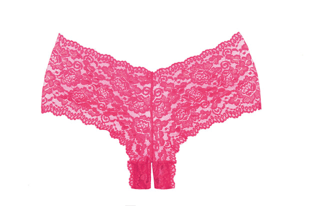 Classic Hot Pink Floral Lace Booty Short With Open Crotch