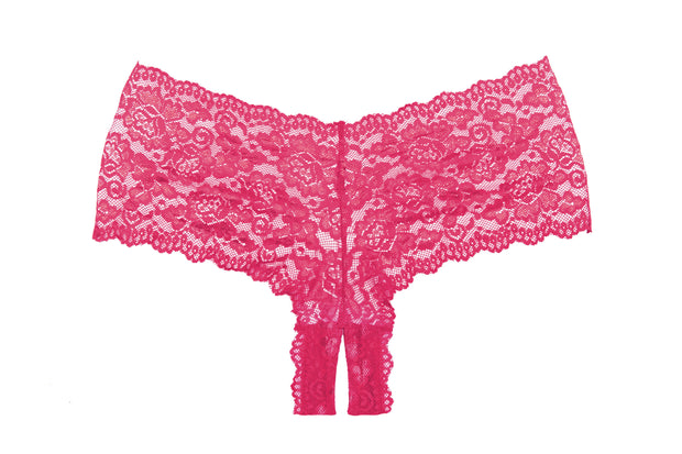 Classic Hot Pink Floral Lace Booty Short With Open Crotch