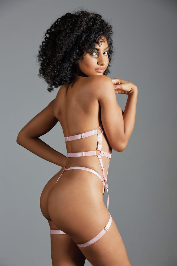 Claire 2 Piece Set Bustier With Leg Bands And Open G-String Pink - Spicy and Sexy