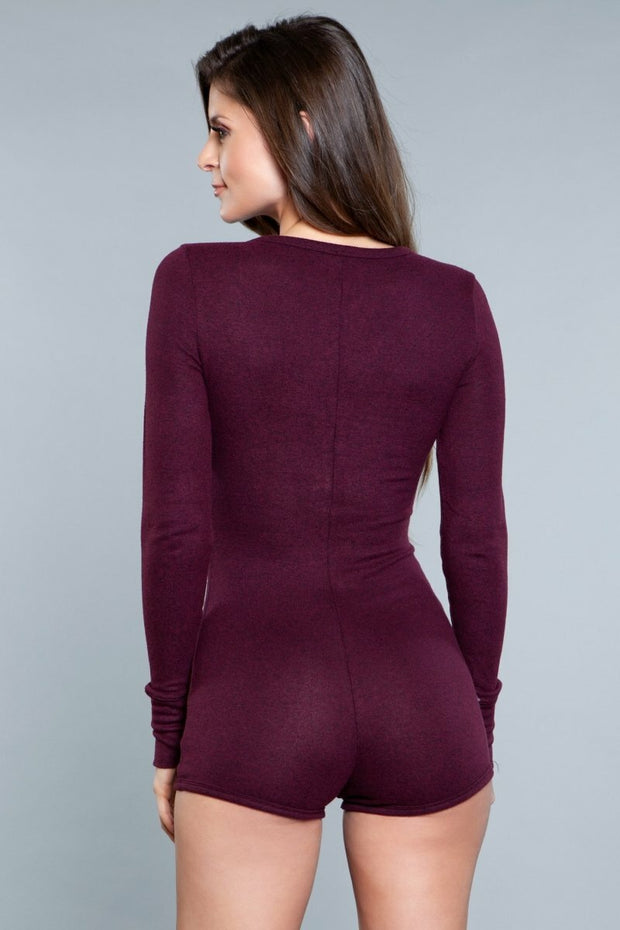 Burgundy Long Sleeve Romper Shorts One Piece Pajamas - Spicy and Sexy