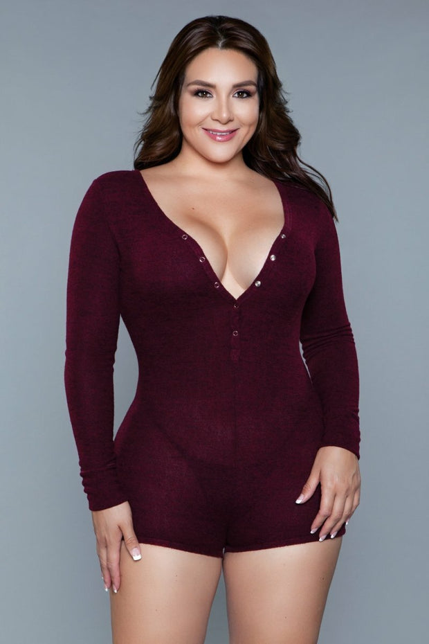 Burgundy Long Sleeve Romper Shorts One Piece Pajamas - Spicy and Sexy