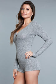 Grey Long Sleeve Romper Shorts One Piece Pajamas - Spicy and Sexy