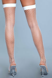 White Wide Fishnet Thigh High Stockings Stay Up Hosiery - Spicy and Sexy