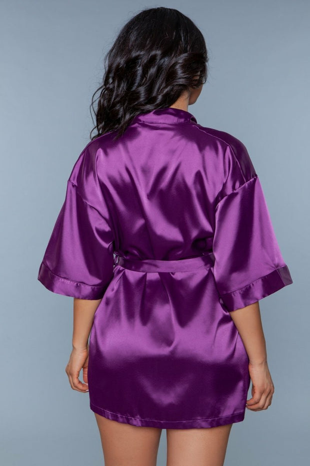 Satin Robe Mini 3/4 Sleeve Length Sleepwear Burgundy - Spicy and Sexy