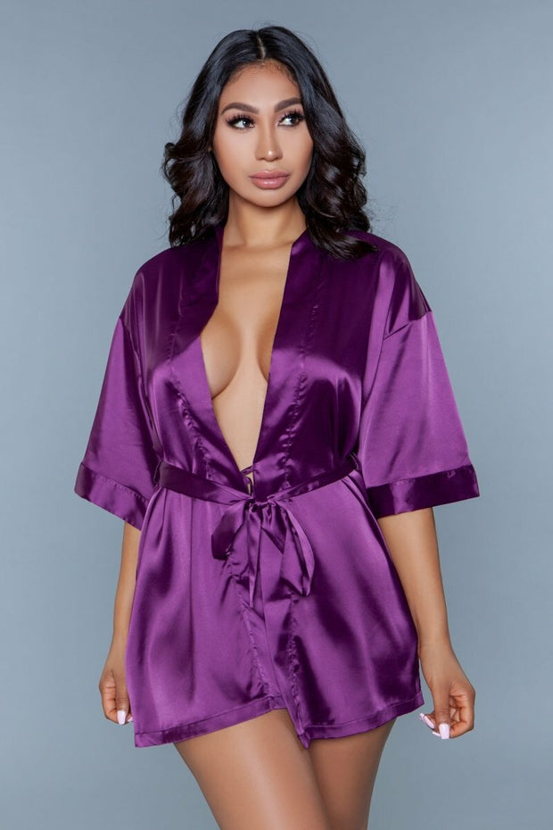 Satin Robe Mini 3/4 Sleeve Length Sleepwear Burgundy - Spicy and Sexy