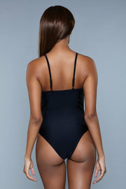 High Waisted Swimsuit 1 Pc Black Swimwear With Thong Cut - Spicy and Sexy