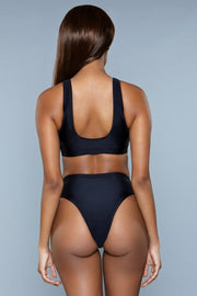 Black Sports Bra Crop Top And High Waist Bottom Bikini Set - Spicy and Sexy