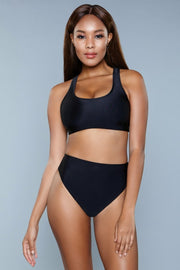 Black Sports Bra Crop Top And High Waist Bottom Bikini Set - Spicy and Sexy