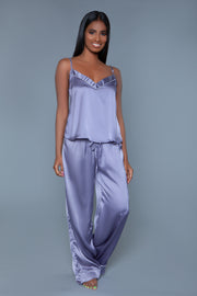 Satin Pajama Set Silky Lilac Sleepwear With Adjustable Strap Sexy Sleeveless Top - Spicy and Sexy