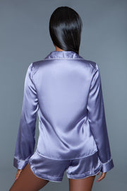 Lilac Satin Pajama Set Short With Long-Sleeve Top Sleepshirt - Spicy and Sexy
