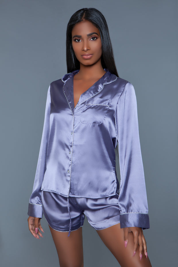 Lilac Satin Pajama Set Short With Long-Sleeve Top Sleepshirt - Spicy and Sexy