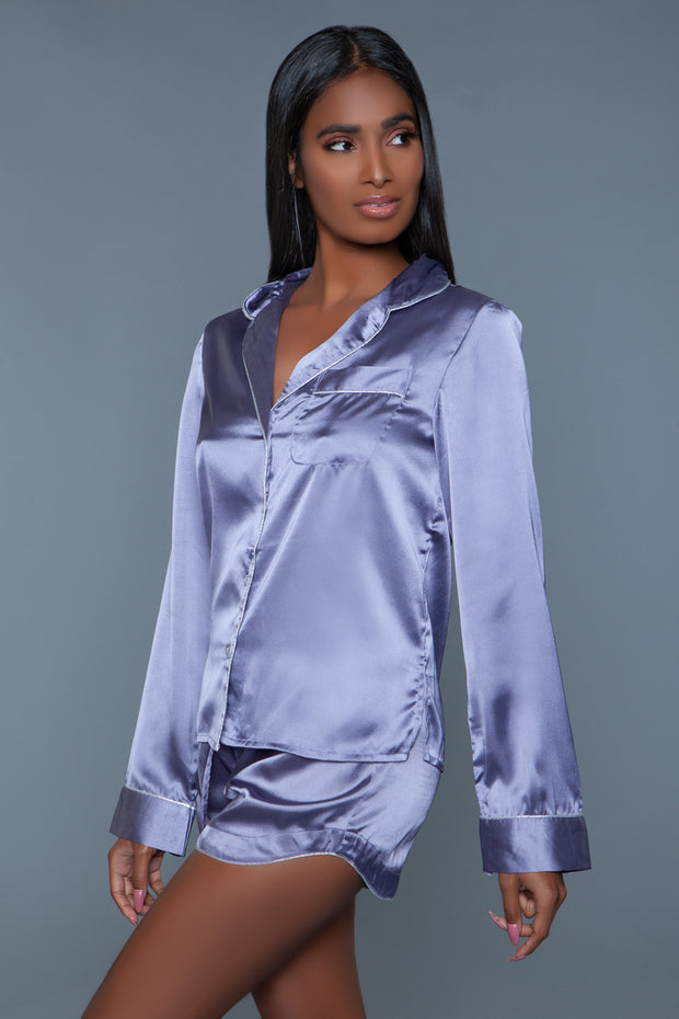 Lilac Satin Pajama Set Short With Long-Sleeve Top Sleepshirt - Spicy and Sexy