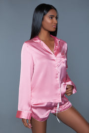 Pink Satin Pajama Set Short With Long-Sleeve Top Sleepshirt - Spicy and Sexy
