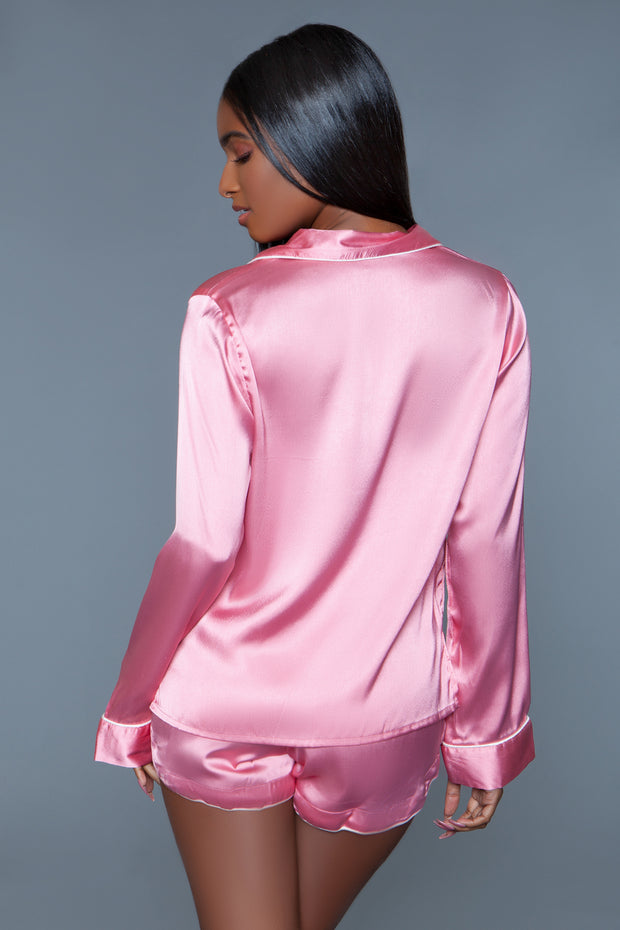 Pink Satin Pajama Set Short With Long-Sleeve Top Sleepshirt - Spicy and Sexy