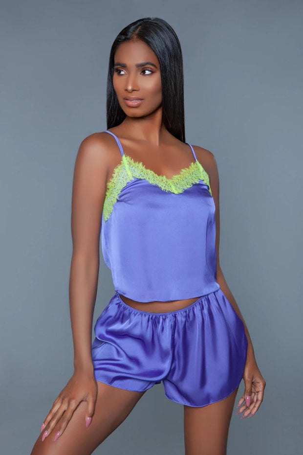 2 Pieces Satin Lace Cami Top And Short Sleepwear Set - Spicy and Sexy
