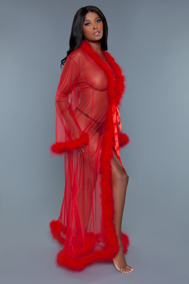 Red Marabou Feather Trim Robe Sheer Long Nightgown - Spicy and Sexy