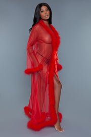 Red Marabou Feather Trim Robe Sheer Long Nightgown - Spicy and Sexy