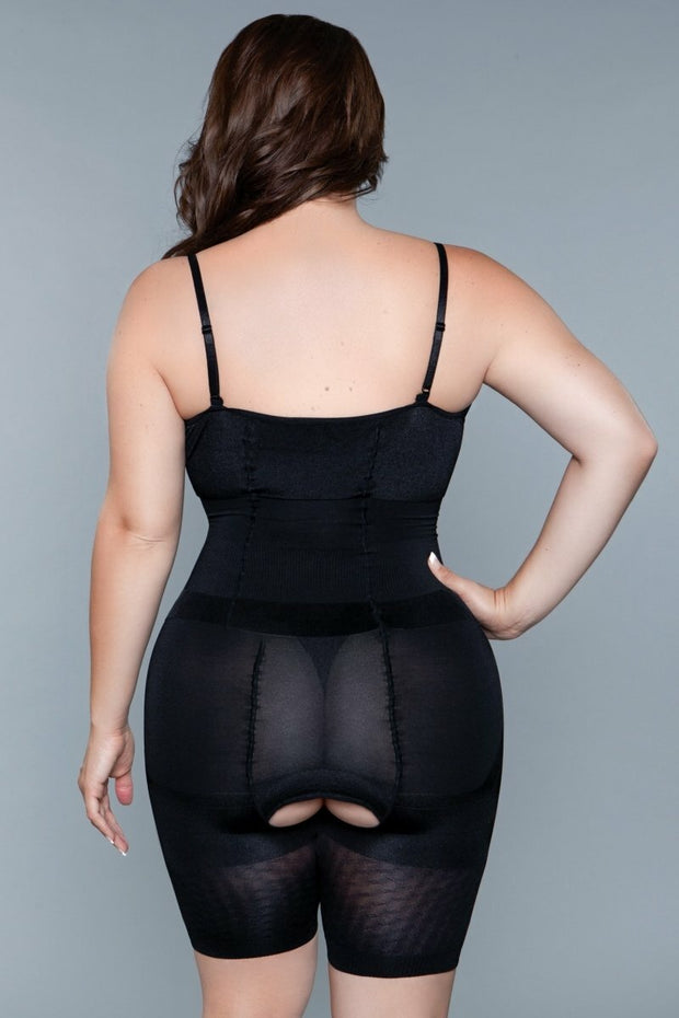 Full Body Shapewear Open-Bust Mid-Thigh Crotchless Black Bodysuit - Spicy and Sexy