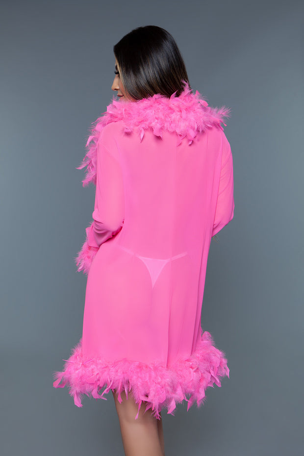Sheer Robe With Boa Feather Trim Nightgown Hot Pink - Spicy and Sexy