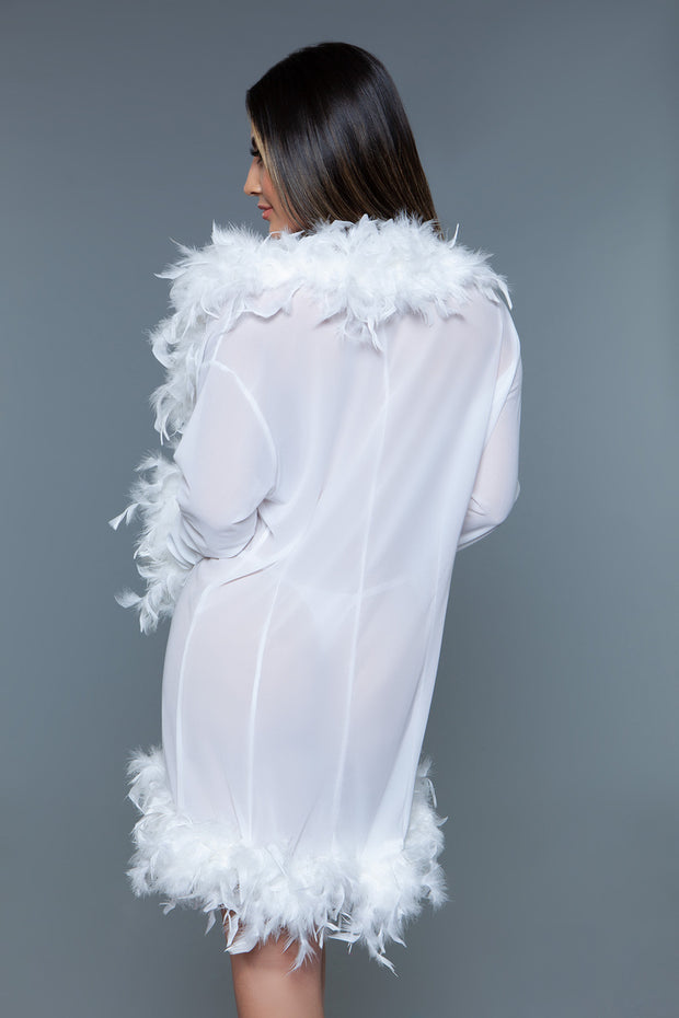 White Sheer Robe With Boa Feather Trim Nightgown - Spicy and Sexy