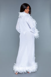 Long White Sheer Robe With Boa Feather Trim Nightgown - Spicy and Sexy