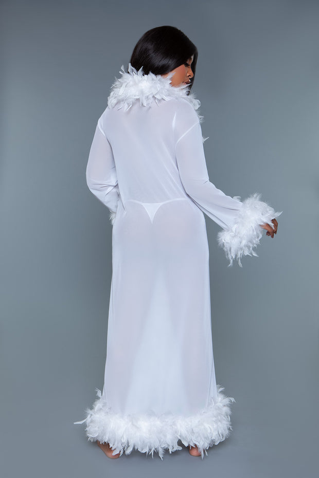 Long White Sheer Robe With Boa Feather Trim Nightgown - Spicy and Sexy