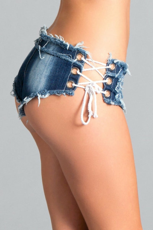 Low Waist Denim Shorts Booty Cut Out Lace Up Blue Mini Jeans Hot Pants - Spicy and Sexy