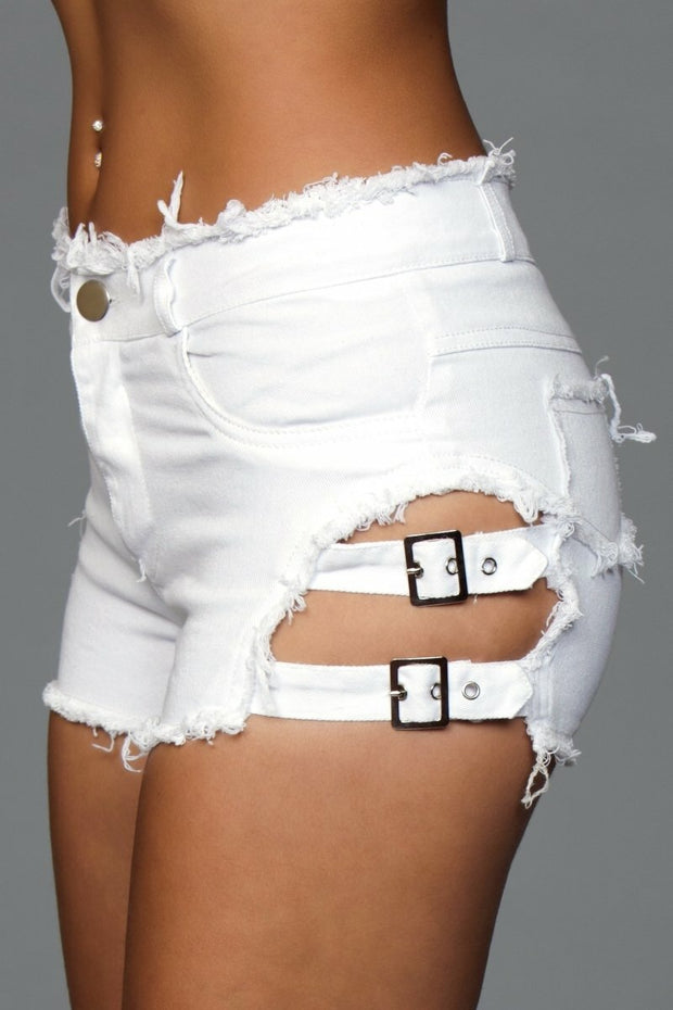 White Denim Short With Belt Buckle Side Accent - Spicy and Sexy