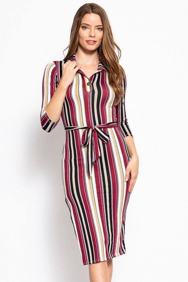 Stripes Print, Midi Tee Dress With 3/4 Sleeves, Matching Belt And A Side Slit - Spicy and Sexy