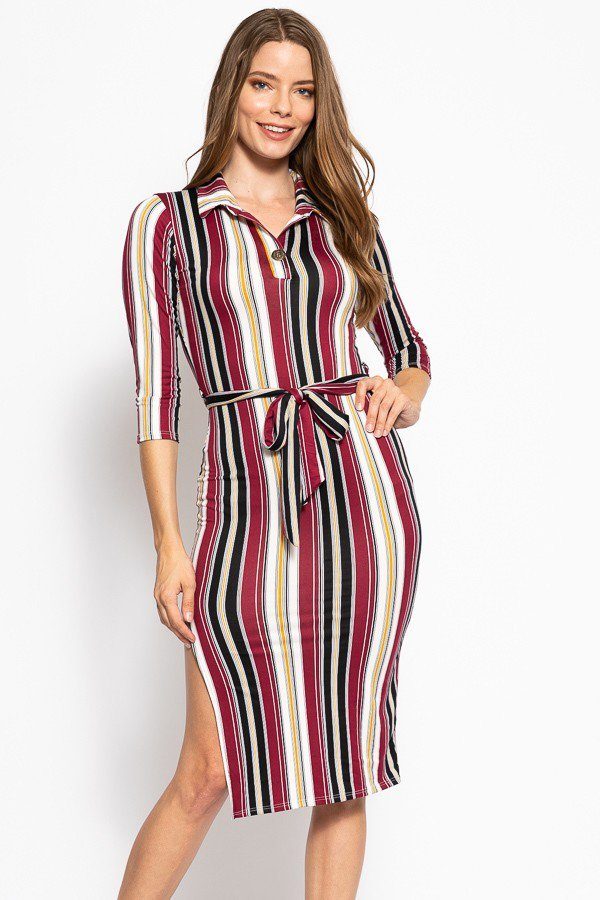 Stripes Print, Midi Tee Dress With 3/4 Sleeves, Matching Belt And A Side Slit - Spicy and Sexy