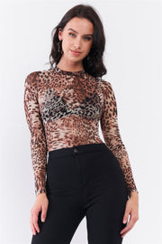 Brown Cheetah Sheer Mesh Mock Neck Long Sleeve Bodysuit - Spicy and Sexy