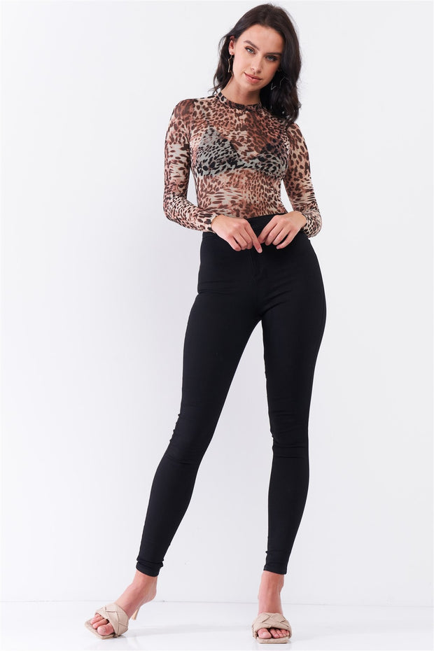 Brown Cheetah Sheer Mesh Mock Neck Long Sleeve Bodysuit - Spicy and Sexy