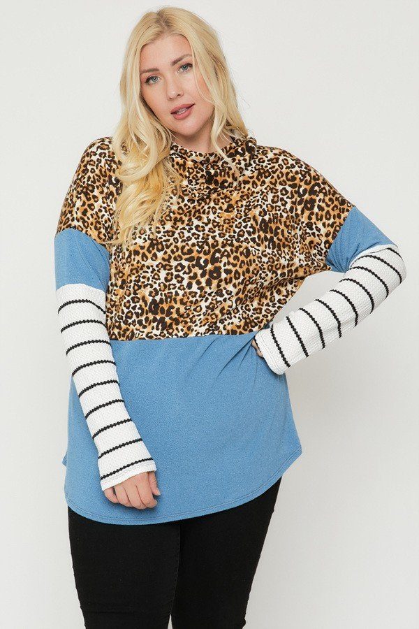 Plus Size Color Block Hoodie Featuring A Cheetah Print - Spicy and Sexy