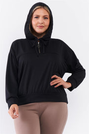 Plus Size Black Oversize High Neck Zip-Up Detail Draw String Tie Hoodie Sweatshirt - Spicy and Sexy
