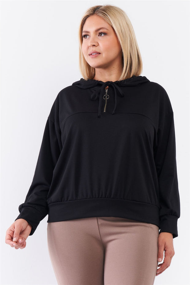 Plus Size Black Oversize High Neck Zip-Up Detail Draw String Tie Hoodie Sweatshirt - Spicy and Sexy