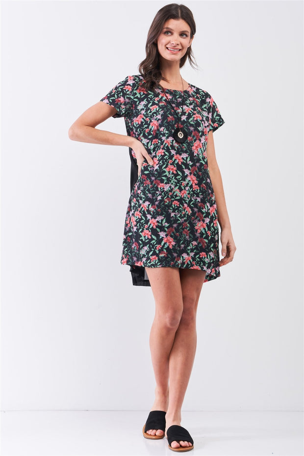 Black Multicolor Floral Print Pleated Back Detail Relaxed Mini Dress - Spicy and Sexy
