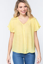 Short Ruffle Sleeve V-Neck Woven Top - Spicy and Sexy