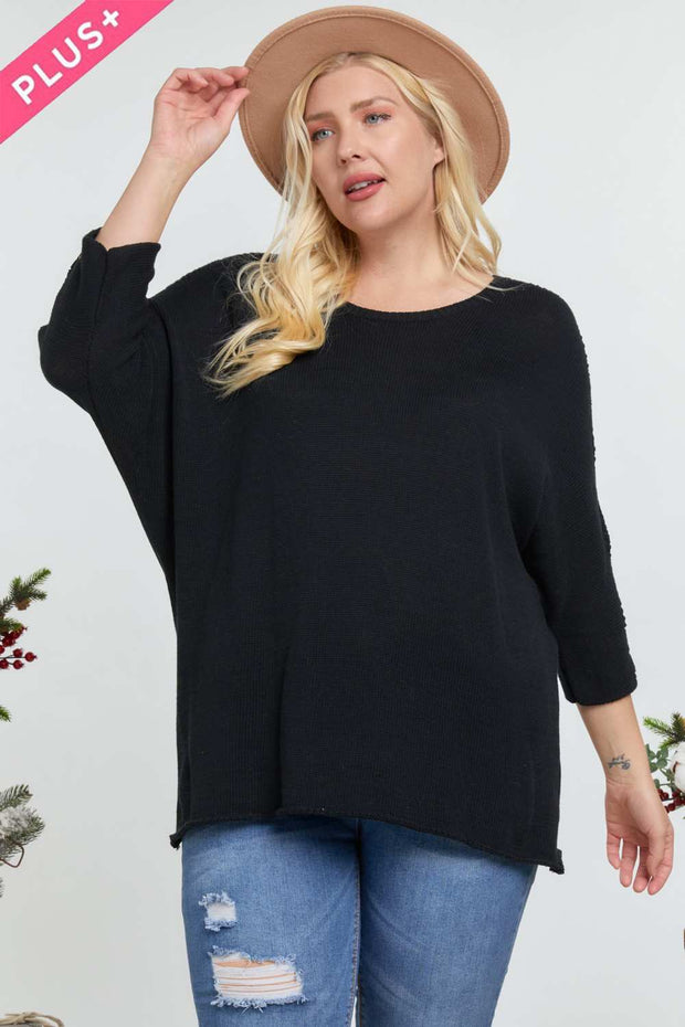 Solid Round Neck 3/4 Sleeve Sweater Top - Spicy and Sexy