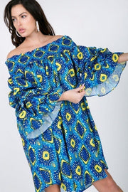 Puffy Ruffle Sleeve Smocking Off Shoulder Print Midi Dress - Spicy and Sexy