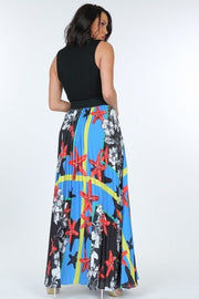 Pleated Print Maxi Skirt With Leather Waist Band - Spicy and Sexy