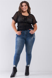 Plus Short Sleeve U-Neck With Self-Tie Detail Frill Smocked Sheer Top - Spicy and Sexy