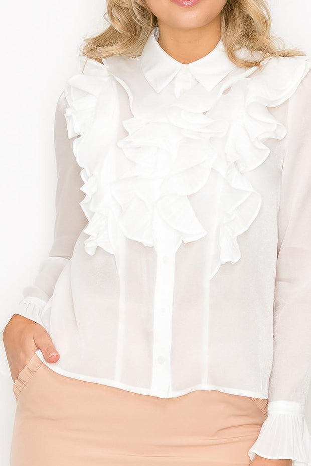 Ruffle Trim Long Sleeve Blouse - Spicy and Sexy