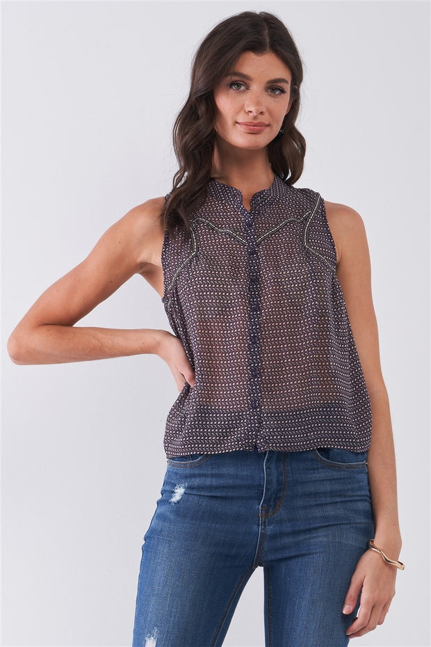 Purple & Multi Sleeveless Mock Neck Front Button Down Sheer Blouse Top - Spicy and Sexy
