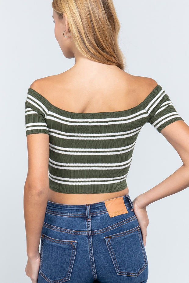 Off Shoulder Stripe Rib Sweater Top - Spicy and Sexy