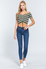 Off Shoulder Stripe Rib Sweater Top - Spicy and Sexy