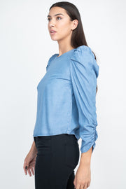 Shirring Puff Sleeves Denim Top - Spicy and Sexy